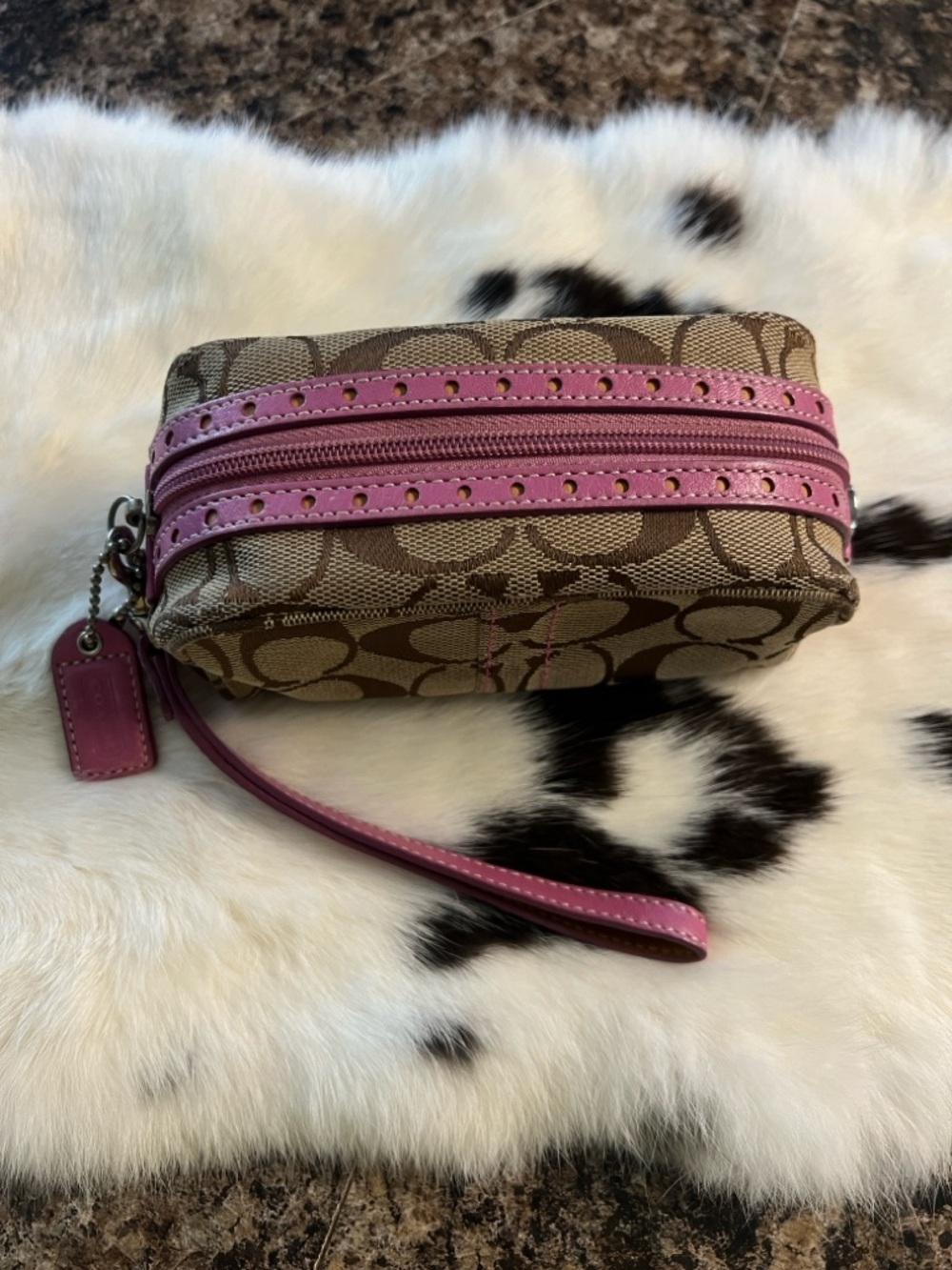 Coach Beige Signature Canvas Wristlet with Pink Trim